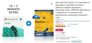 Microsoft 365 Family 15 maanden voor 6 gebruikers + NORTON 360 Deluxe voor €52,99 bij Amazon