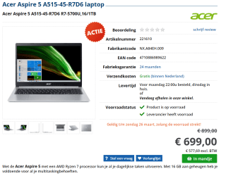Acer Aspire 5 A515-45-R7D6 laptop voor €699 bij Informatique