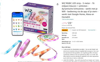 WiZ RGBIC LED strip - 5 meter - 16 miljoen kleuren + wittinten voor €15,57 bij Amazon