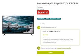 Pantalla Sharp 70" 4K LED por $9,490 en Soriana
