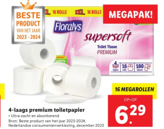 16 Mega rollen 4 Laags premium toiletpapier voor €6,26 bij de Lidl