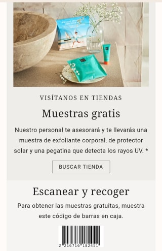 muestra de exfoliante corporal, de protector solar y una pegatina que detecta los rayos UV.