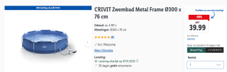 CRIVIT Zwembad Metal Frame Ø300 x 76 cm Inhoud: ca. 4.381 L voor €39,99 in de Lidl webshop