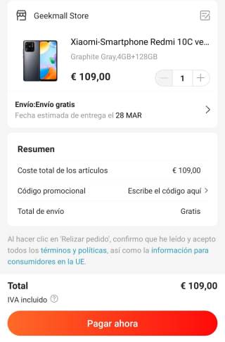 Xiaomi Redmi 10C versión Global, 4GB+128GB sólo 109€