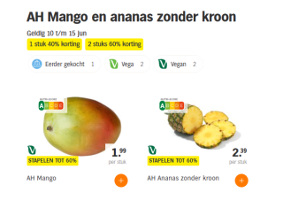 Tot 60% stapelkorting op een Mango en ananas zonder kroon bij de AH