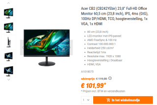 Acer CB2 (CB242YEbir) 24'' Full HD monitor voor €101,99 bij NBB
