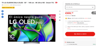 TV OLED 55" LG OLED55C35LA, OLED 4K, Inteligente α9 4K Gen6 por 999,99€