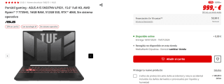 Portátil gaming - ASUS A15 FA507NV-LP031, 15.6" Full HD, AMD Ryzen™ 7 7735HS, 16GB RAM, 512GB SSD, RTX™ 4060, FreeDos por 799.2€