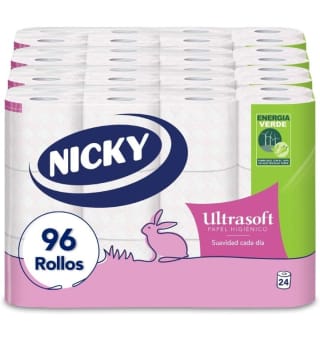 Nicky Ultrasoft Papel Higiénico 96 rollos por 20,78€.