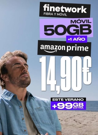 Finetwork linea 50GB llamadas ilimitadas + 1 año Amazon Prime gratis + 99 GB ¡verano por 14,99€