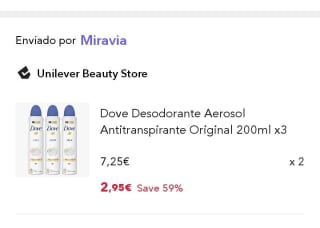 Pack de 2×3(200ml) Desodorante Dove por 7,45€.