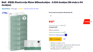 Naïf XXXL Plasticvrije Water Billendoekjes 3.024 doekjes voor €94,50 bij Bol