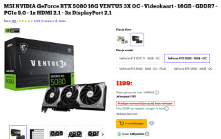 MSI GeForce RTX 5080 16G VENTUS 3X OC Videokaart voor €1.199 bij Bol