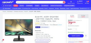 Écran PC 24" Acer EK241YEbi - Full HD, IPS, 100Hz, 1ms VRB à 79,99€