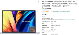Asus Vivobook 16X M1603QA-MB014W AMD Ryzen 5 5600H 16" laptop voor €449 bij Amazon
