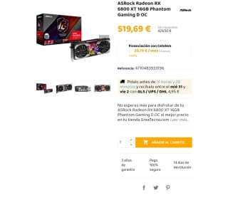 ASRock Radeon RX 6800 XT Phantom Gaming D OC 16GB por 519,69€