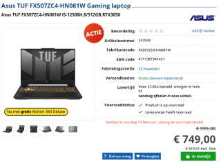 Asus TUF 15,6" gaming laptop voor €749