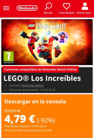 LEGO® Los Increíbles Nintendo Switch por 4,79€.