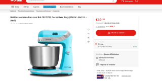 Batidora Amasadora con Bol CECOTEC Cecomixer Easy (250 W - Bol 3 L - Azul) por 39,90€