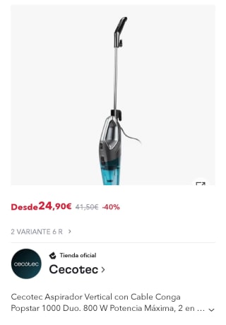 Cecotec Aspirador Vertical con Cable Conga Popstar 1000 Duo por 24,90€ (cuenta nueva por 12,45€)