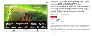 Televisor 75" Philips 75PUS8118 LED UltraHD 4K HDR10+ por 699€