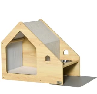 Caseta para Perros de Madera Cama de Interior para Cachorros con Comedero 2 Cuencos de Acero Inoxidable y Cojín Desenfundable 62x40x54 cm