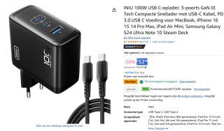 INIU 100 W USB 3.0 - USB C oplader met 3 poorten voor €21,44 via Amazon