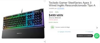 Teclado SteelSeries Apex 3 Wired Reacondicionado por $499 en Claro Shop