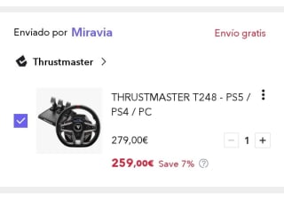 Volante + Pedales Thrustmaster T248 para PS5 / PS4 / PC por 229,90€.