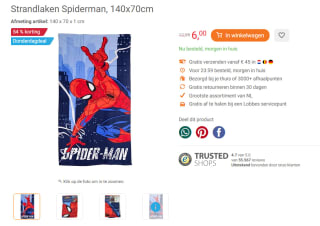 54% korting op Strandlaken Spiderman, 140x70cm bij Lobbes