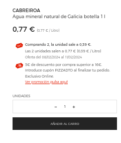 42 Botellas CABREIROA Agua mineral natural de Galicia botella 1L por 11,17€