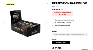 1+1 gratis op een Perfection Bar Deluxe cookie douche & caramel eiwitrepen box bij body en Fit
