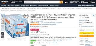 lingettes bébé Pure Huggies- 18 paquets de 56 lingettes (1008 lingettes) - 99% d'eau pure - sans parfum à 17,99€