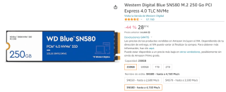 Disco Duro Western Digital Blue SN580 M.2 250 Go PCI Express 4.0 TLC NVMe por 28,97€
