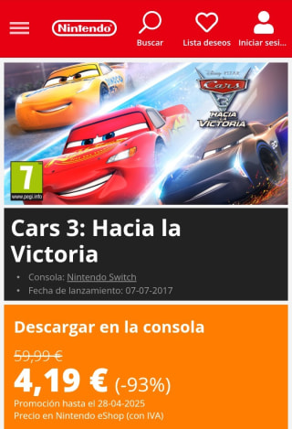 Cars 3: Hacia la Victoria Nintendo Switch por 4,19€.