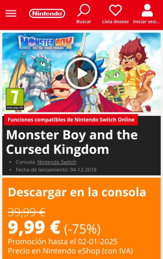 Monster Boy and the Cursed Kingdom Nintendo Switch por 9,99€.
