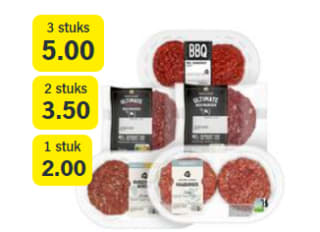 Alle AH Hamburgers 2 stuks en AH Excellent Ultimate beefburgers 3 verpakkingen voor €5 bij de AH