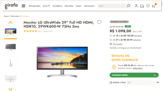 Monitor da LG, modelo UltraWide de 29 polegadas Full HD - R$ 1.098