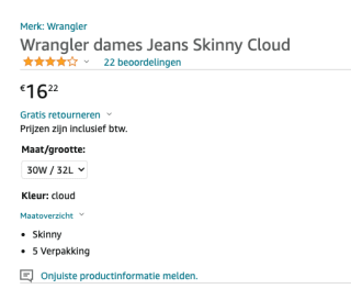 Wrangler Skinny dames jeans High Rise Cloud voor €16,22 bij Amazon NL