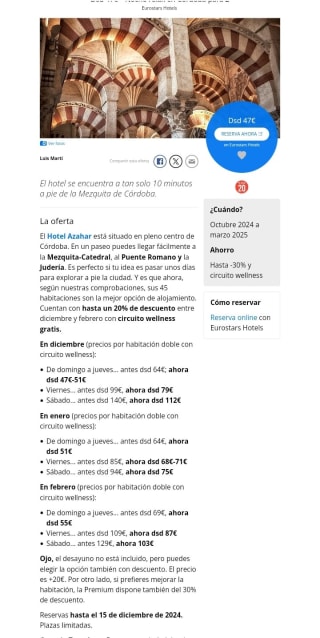 Córdoba Hotel para 2 personas desde 49€.