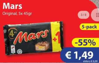 Mars Chocolade reep 5-pack voor €1,49 bij Diegrenze
