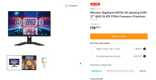 Monitor Gigabyte M27Q-EK Gaming KVM 27" QHD 2k IPS 170Hz por 179,95€