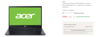 Ordenador Portátil Acer Aspire 3 NX.HE3EB.00J, Celeron, 8GB, 256GB SSD, 15,6", FreeDOS / Sin Sistema Operativo por 249€