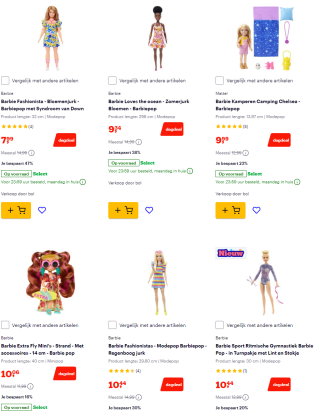 Tot 45% korting op veel barbiepoppen bij Bol