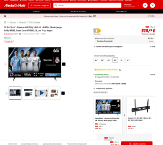 TV QLED 65" Hisense 65E7NQ UHD 4K HDR10+ por 436€