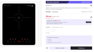 Placa de inducción portátil LEXIE. 2000W marca Fagor por 34.84€ (Cuenta Nueva 24.84€)