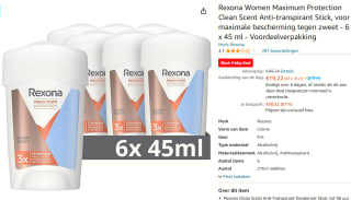 Rexona Women - Deodorant Vrouw Stick - Maximum Protection Clean Scent - 6 x 45 ML voor €19,22 bij Amazon
