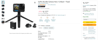 GoPro Bundle Cámara Hero 12 Black + Tripié por $6,127 en Amazon