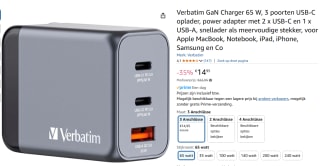 Verbatim GaN Charger 65 W, 3 poorten USB-C oplader voor €14,95 bij Amazon