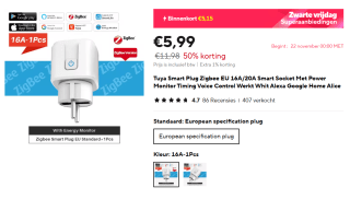 Tuya Smart Plug Zigbee EU 16A/20A voor €5,99 bij Aliexpress